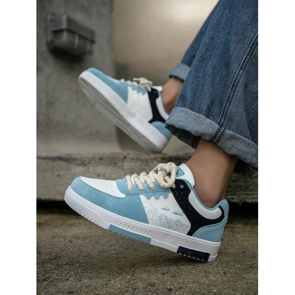 (Talla pequeña) Zapatillas casuales con cordones y estampado de graffiti aleatorio de estilo moderno para hombres, zapatos deportivos versátiles de retazos para exteriores, zapatos para parejas - Imagen 11
