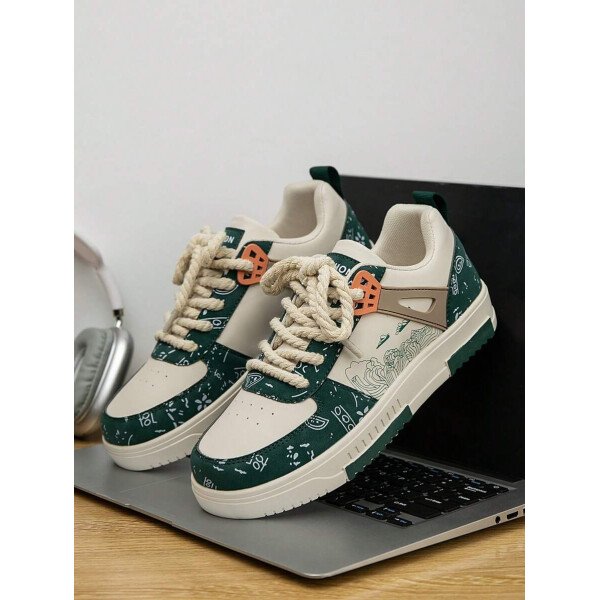 (Talla pequeña) Zapatillas casuales con cordones y estampado de graffiti aleatorio de estilo moderno para hombres, zapatos deportivos versátiles de retazos para exteriores, zapatos para parejas - Imagen 14