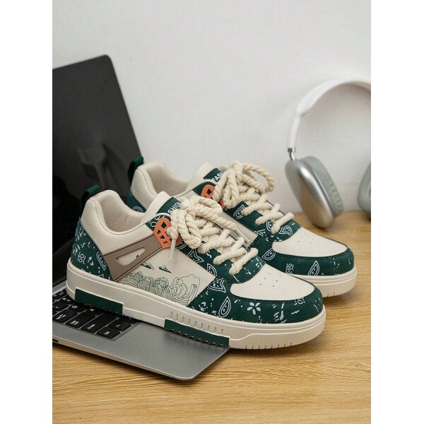 (Talla pequeña) Zapatillas casuales con cordones y estampado de graffiti aleatorio de estilo moderno para hombres, zapatos deportivos versátiles de retazos para exteriores, zapatos para parejas - Imagen 17