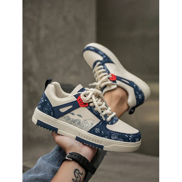 (Talla pequeña) Zapatillas casuales con cordones y estampado de graffiti aleatorio de estilo moderno para hombres, zapatos deportivos versátiles de retazos para exteriores, zapatos para parejas - Imagen 24