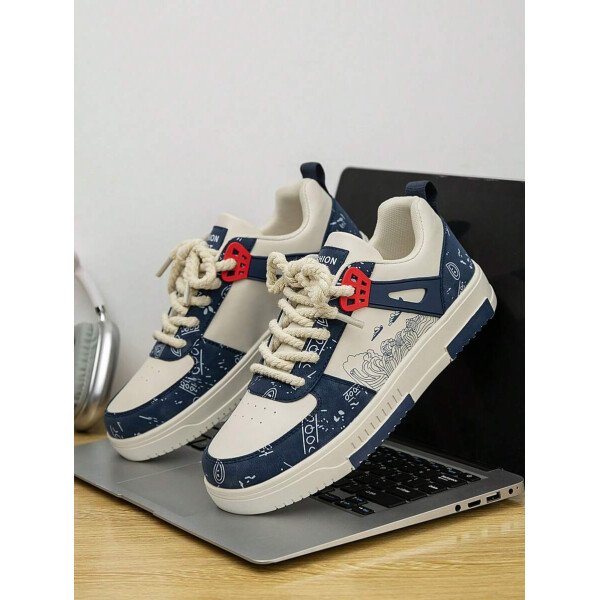 (Talla pequeña) Zapatillas casuales con cordones y estampado de graffiti aleatorio de estilo moderno para hombres, zapatos deportivos versátiles de retazos para exteriores, zapatos para parejas - Imagen 25