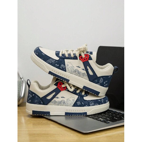 (Talla pequeña) Zapatillas casuales con cordones y estampado de graffiti aleatorio de estilo moderno para hombres, zapatos deportivos versátiles de retazos para exteriores, zapatos para parejas - Imagen 27