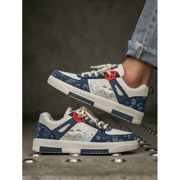 (Talla pequeña) Zapatillas casuales con cordones y estampado de graffiti aleatorio de estilo moderno para hombres, zapatos deportivos versátiles de retazos para exteriores, zapatos para parejas - Imagen 30