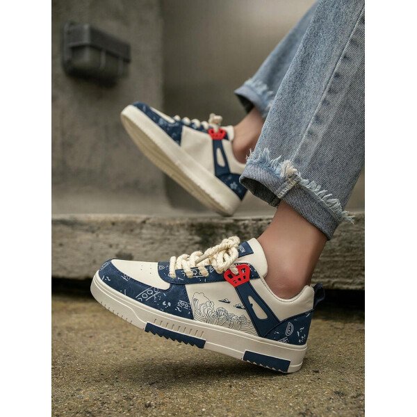 (Talla pequeña) Zapatillas casuales con cordones y estampado de graffiti aleatorio de estilo moderno para hombres, zapatos deportivos versátiles de retazos para exteriores, zapatos para parejas - Imagen 32
