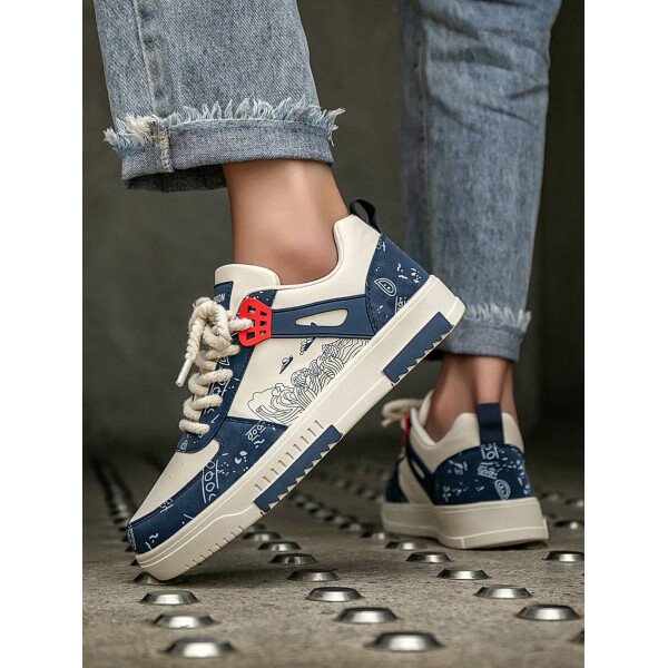 (Talla pequeña) Zapatillas casuales con cordones y estampado de graffiti aleatorio de estilo moderno para hombres, zapatos deportivos versátiles de retazos para exteriores, zapatos para parejas - Imagen 33