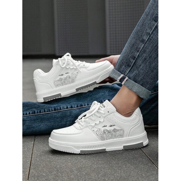 (Talla pequeña) Zapatillas casuales con cordones y estampado de graffiti aleatorio de estilo moderno para hombres, zapatos deportivos versátiles de retazos para exteriores, zapatos para parejas - Imagen 42