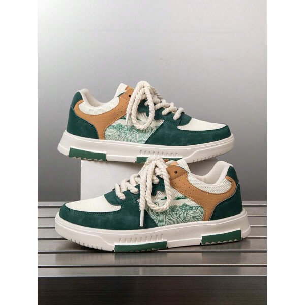 (Talla pequeña) Zapatillas casuales con cordones y estampado de graffiti aleatorio de estilo moderno para hombres, zapatos deportivos versátiles de retazos para exteriores, zapatos para parejas - Imagen 44