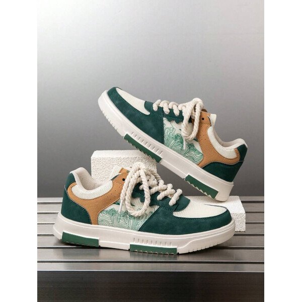(Talla pequeña) Zapatillas casuales con cordones y estampado de graffiti aleatorio de estilo moderno para hombres, zapatos deportivos versátiles de retazos para exteriores, zapatos para parejas - Imagen 47