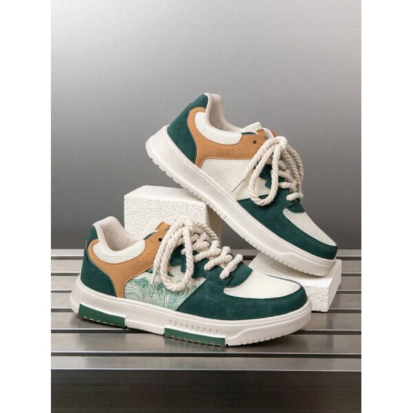 (Talla pequeña) Zapatillas casuales con cordones y estampado de graffiti aleatorio de estilo moderno para hombres, zapatos deportivos versátiles de retazos para exteriores, zapatos para parejas - Imagen 48