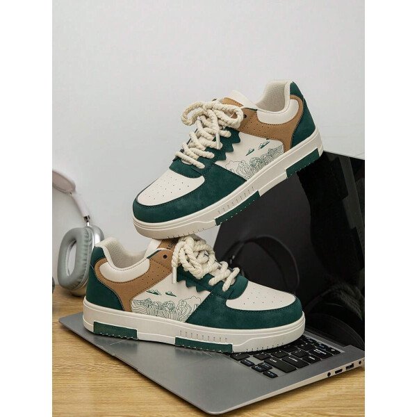 (Talla pequeña) Zapatillas casuales con cordones y estampado de graffiti aleatorio de estilo moderno para hombres, zapatos deportivos versátiles de retazos para exteriores, zapatos para parejas - Imagen 52