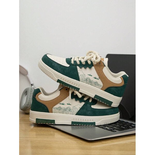 (Talla pequeña) Zapatillas casuales con cordones y estampado de graffiti aleatorio de estilo moderno para hombres, zapatos deportivos versátiles de retazos para exteriores, zapatos para parejas - Imagen 53