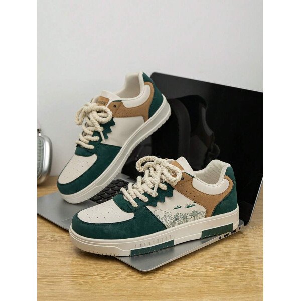 (Talla pequeña) Zapatillas casuales con cordones y estampado de graffiti aleatorio de estilo moderno para hombres, zapatos deportivos versátiles de retazos para exteriores, zapatos para parejas - Imagen 55