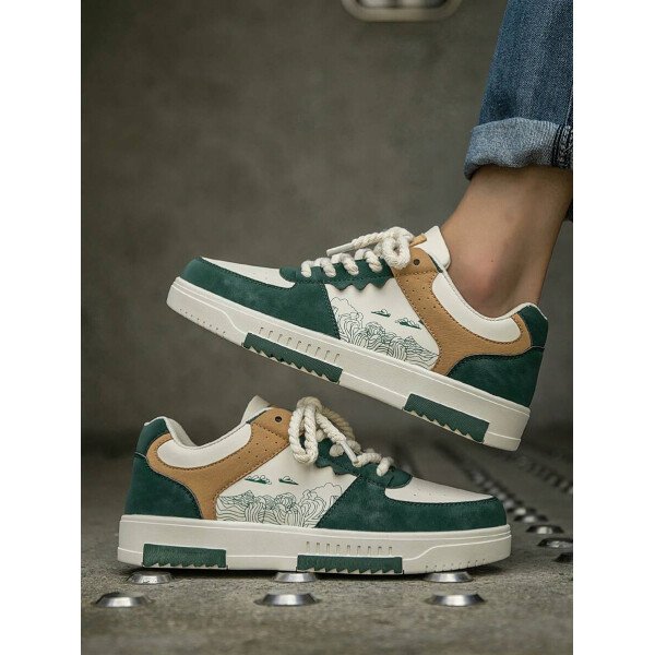 (Talla pequeña) Zapatillas casuales con cordones y estampado de graffiti aleatorio de estilo moderno para hombres, zapatos deportivos versátiles de retazos para exteriores, zapatos para parejas - Imagen 58