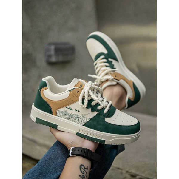 (Talla pequeña) Zapatillas casuales con cordones y estampado de graffiti aleatorio de estilo moderno para hombres, zapatos deportivos versátiles de retazos para exteriores, zapatos para parejas - Imagen 59