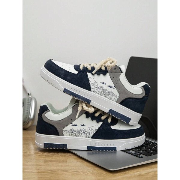 (Talla pequeña) Zapatillas casuales con cordones y estampado de graffiti aleatorio de estilo moderno para hombres, zapatos deportivos versátiles de retazos para exteriores, zapatos para parejas - Imagen 64