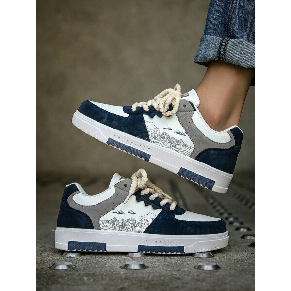 (Talla pequeña) Zapatillas casuales con cordones y estampado de graffiti aleatorio de estilo moderno para hombres, zapatos deportivos versátiles de retazos para exteriores, zapatos para parejas - Imagen 66