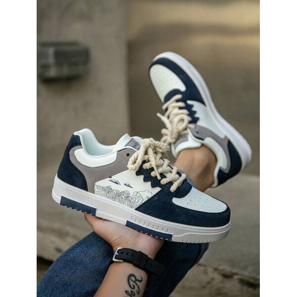 (Talla pequeña) Zapatillas casuales con cordones y estampado de graffiti aleatorio de estilo moderno para hombres, zapatos deportivos versátiles de retazos para exteriores, zapatos para parejas - Imagen 68