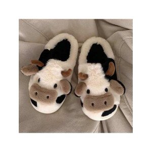 Pantuflas suaves de vaca para mujer: acogedoras zapatillas de algodón con estampado animal