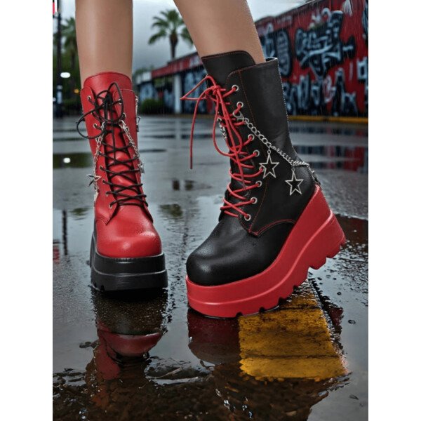 Botas góticas de punta redonda con tacón de plataforma para mujer, botas de combate estilo punk con cordones y cremallera lateral - Imagen 2