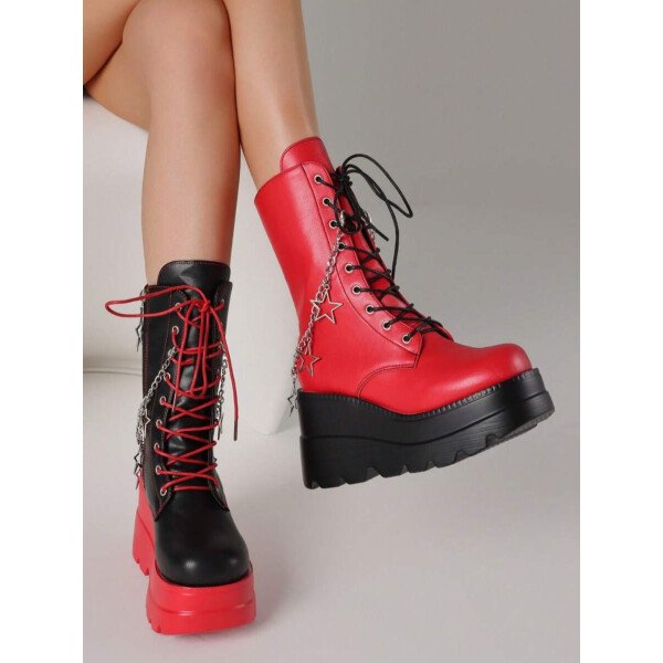 Botas góticas de punta redonda con tacón de plataforma para mujer, botas de combate estilo punk con cordones y cremallera lateral - Imagen 8