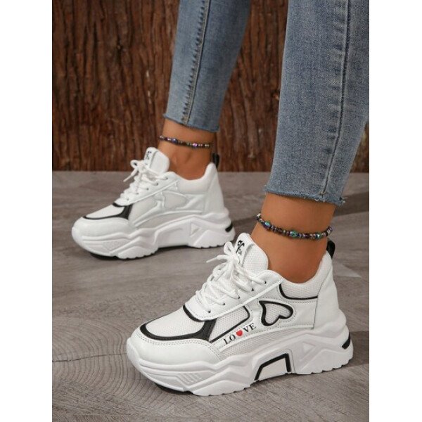 Zapatillas deportivas de cuña con panel de malla de dos tonos y gráfico de letras para mujer, para otoño/invierno. Zapatos deportivos con cordones gruesos para exteriores