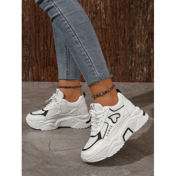 Zapatillas deportivas de cuña con panel de malla de dos tonos y gráfico de letras para mujer, para otoño/invierno. Zapatos deportivos con cordones gruesos para exteriores - Imagen 4
