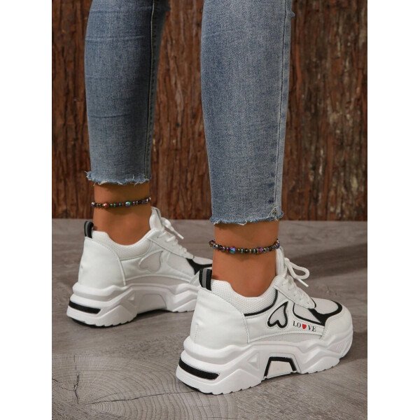 Zapatillas deportivas de cuña con panel de malla de dos tonos y gráfico de letras para mujer, para otoño/invierno. Zapatos deportivos con cordones gruesos para exteriores - Imagen 5