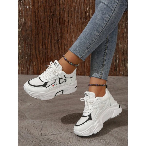 Zapatillas deportivas de cuña con panel de malla de dos tonos y gráfico de letras para mujer, para otoño/invierno. Zapatos deportivos con cordones gruesos para exteriores - Imagen 6