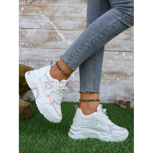 Zapatillas deportivas de cuña con panel de malla de dos tonos y gráfico de letras para mujer, para otoño/invierno. Zapatos deportivos con cordones gruesos para exteriores - Imagen 9