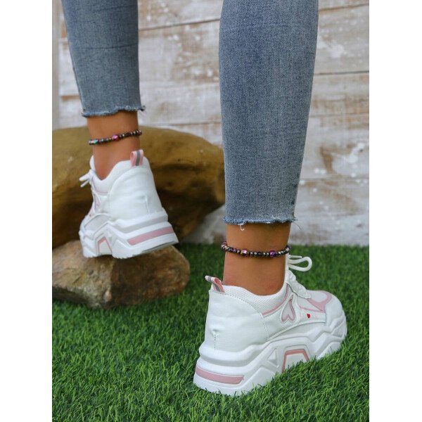 Zapatillas deportivas de cuña con panel de malla de dos tonos y gráfico de letras para mujer, para otoño/invierno. Zapatos deportivos con cordones gruesos para exteriores - Imagen 10