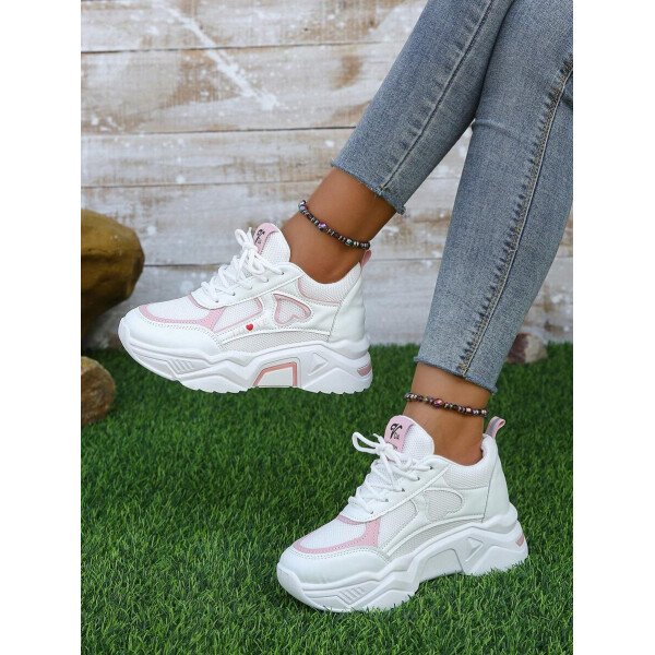 Zapatillas deportivas de cuña con panel de malla de dos tonos y gráfico de letras para mujer, para otoño/invierno. Zapatos deportivos con cordones gruesos para exteriores - Imagen 11