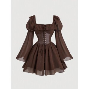 Vestido acampanado de línea A con mangas acampanadas, de gasa marrón y piel sintética (PU) en la cintura, vestido semiformal, ropa de mujer para otoño, vestido con volantes, vestido formal, vestido de graduación, vestido de baile, vestido renacentista, atuendo de mujer para crucero, estilo Fairy Core, estilo Cottage Core, ropa, atuendo de los 90