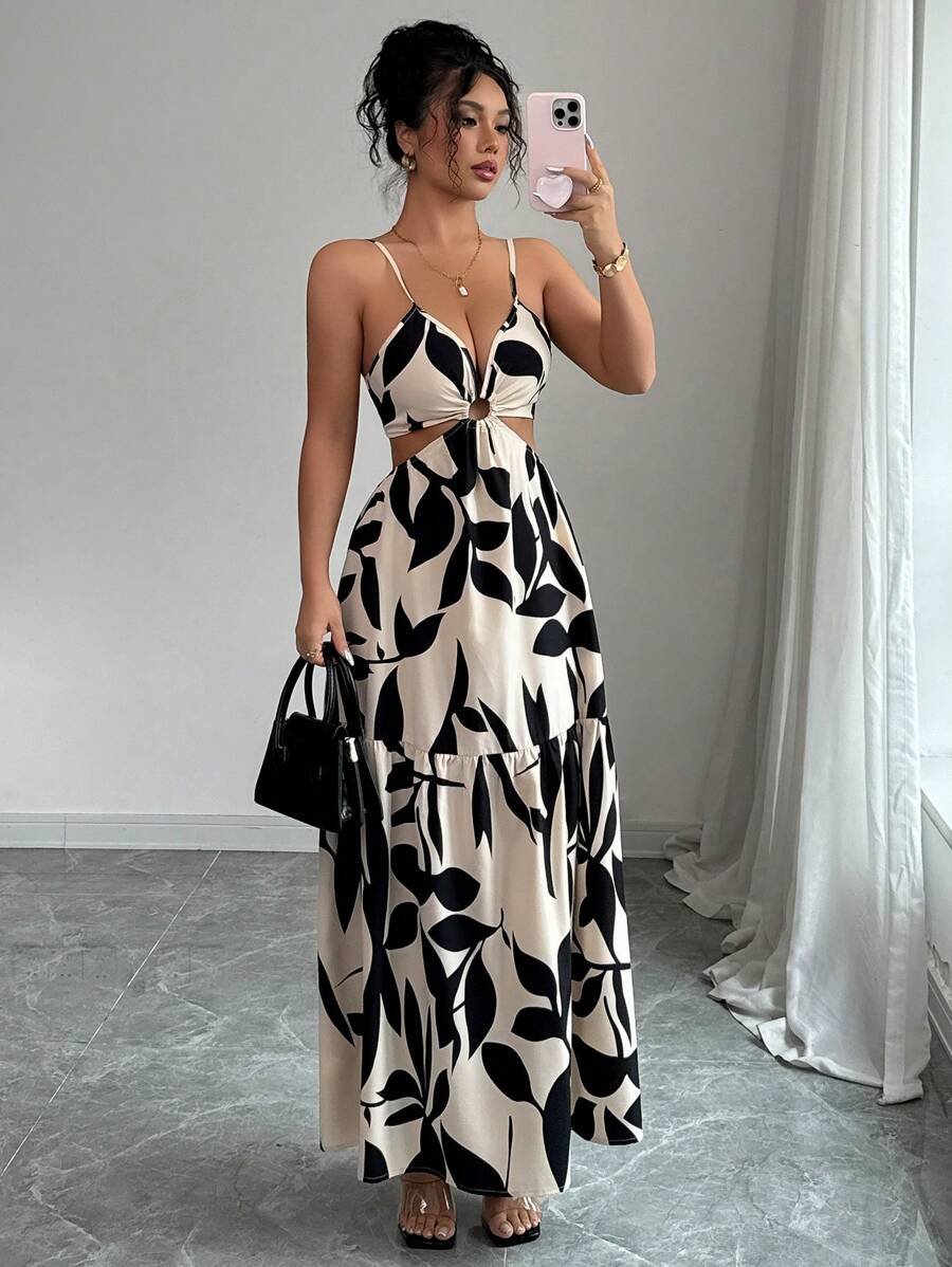 Elenzga Nuevo vestido de verano para mujer con tirantes finos, cintura ceñida y estampado floral (estampado floral aleatorio) - Imagen 7