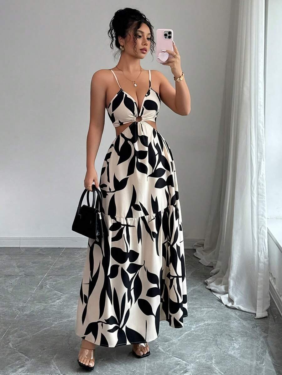 Elenzga Nuevo vestido de verano para mujer con tirantes finos, cintura ceñida y estampado floral (estampado floral aleatorio) - Imagen 8