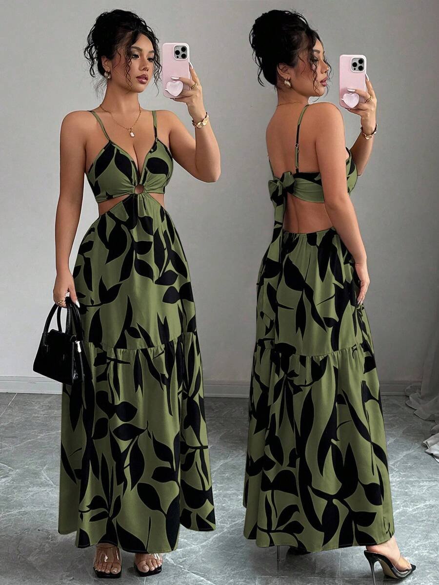 Elenzga Nuevo vestido de verano para mujer con tirantes finos, cintura ceñida y estampado floral (estampado floral aleatorio) - Imagen 9