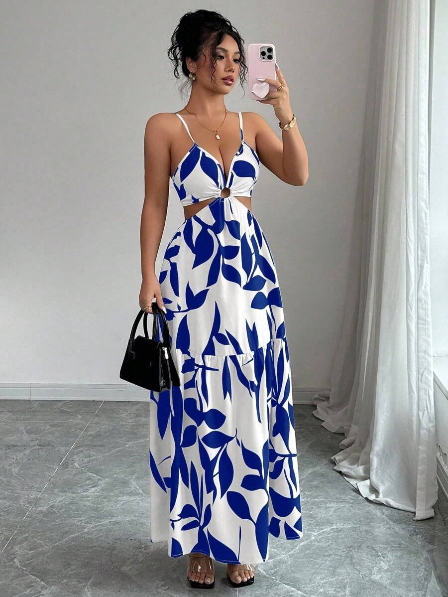 Elenzga Nuevo vestido de verano para mujer con tirantes finos, cintura ceñida y estampado floral (estampado floral aleatorio) - Imagen 48