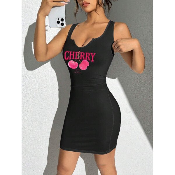 Vestido mini ajustado sin mangas con cuello en V y estampado de cerezas para mujeres, estilo casual y minimalista, verano - Imagen 6