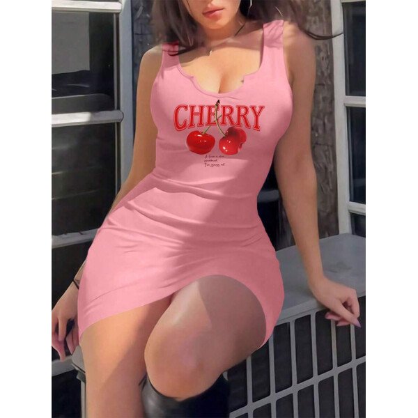 Vestido mini ajustado sin mangas con cuello en V y estampado de cerezas para mujeres, estilo casual y minimalista, verano - Imagen 19