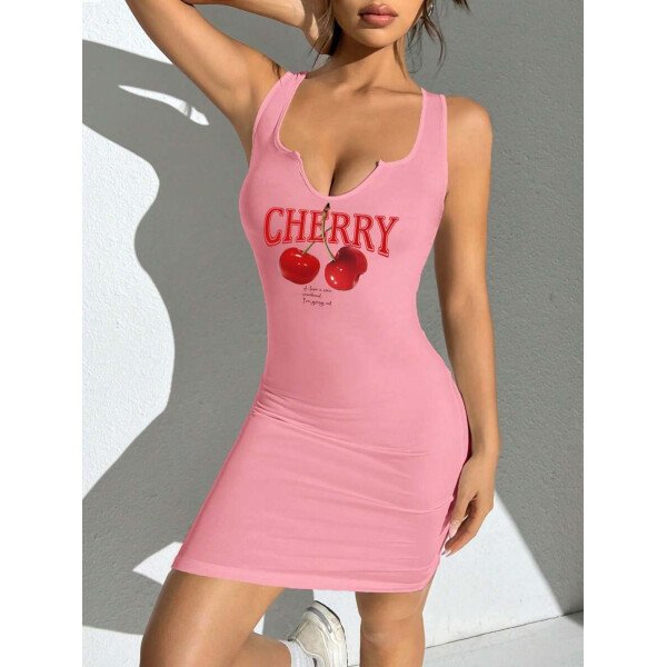 Vestido mini ajustado sin mangas con cuello en V y estampado de cerezas para mujeres, estilo casual y minimalista, verano - Imagen 21