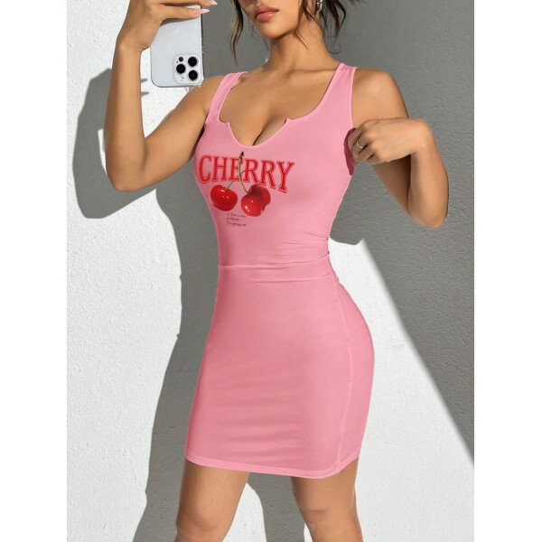 Vestido mini ajustado sin mangas con cuello en V y estampado de cerezas para mujeres, estilo casual y minimalista, verano - Imagen 22