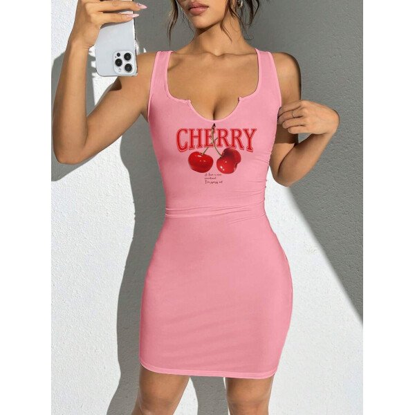 Vestido mini ajustado sin mangas con cuello en V y estampado de cerezas para mujeres, estilo casual y minimalista, verano - Imagen 23