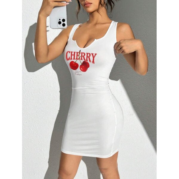 Vestido mini ajustado sin mangas con cuello en V y estampado de cerezas para mujeres, estilo casual y minimalista, verano - Imagen 29