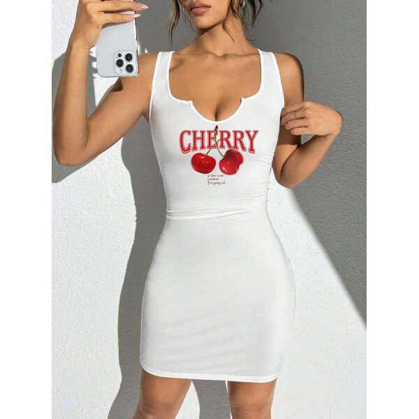 Vestido mini ajustado sin mangas con cuello en V y estampado de cerezas para mujeres, estilo casual y minimalista, verano - Imagen 30