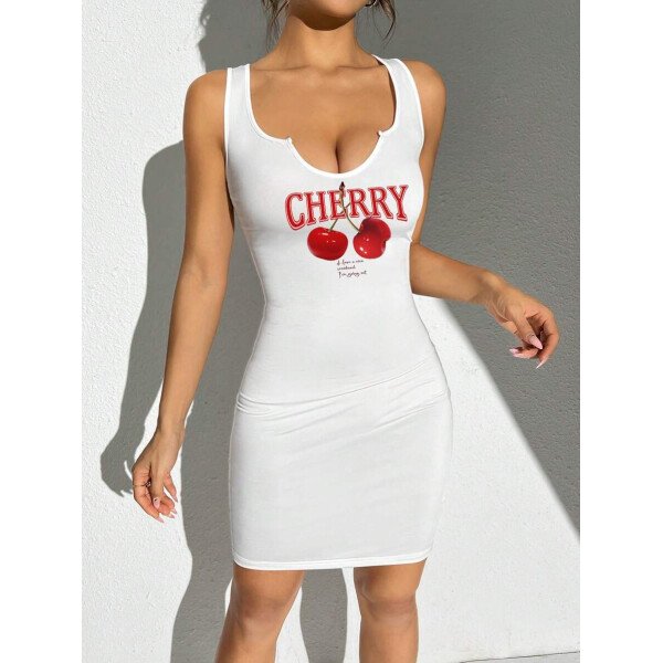 Vestido mini ajustado sin mangas con cuello en V y estampado de cerezas para mujeres, estilo casual y minimalista, verano - Imagen 31