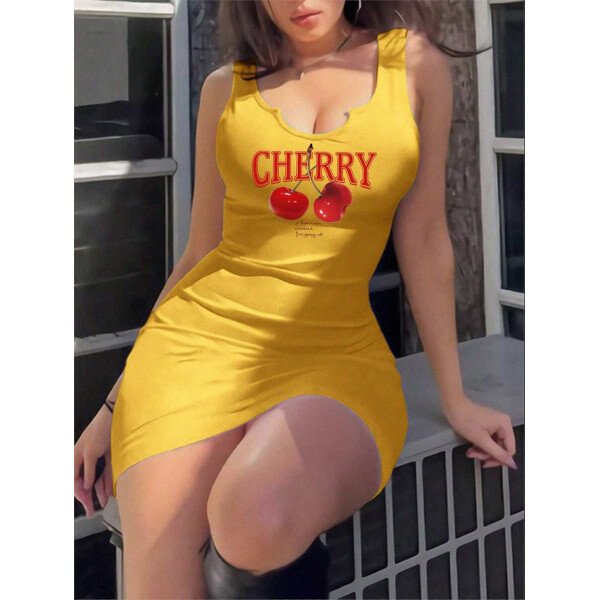 Vestido mini ajustado sin mangas con cuello en V y estampado de cerezas para mujeres, estilo casual y minimalista, verano - Imagen 34