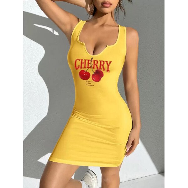 Vestido mini ajustado sin mangas con cuello en V y estampado de cerezas para mujeres, estilo casual y minimalista, verano - Imagen 36