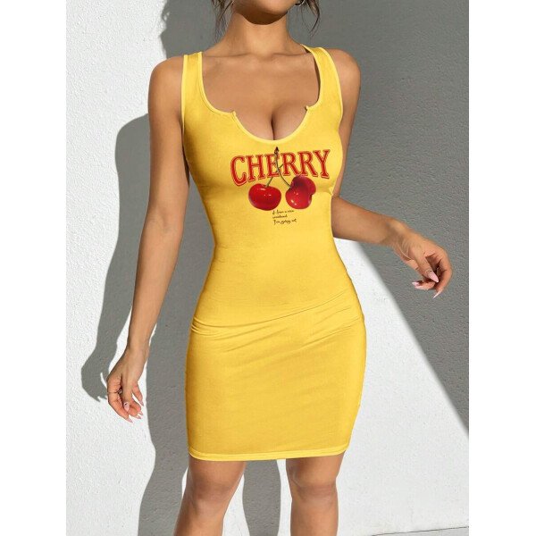 Vestido mini ajustado sin mangas con cuello en V y estampado de cerezas para mujeres, estilo casual y minimalista, verano - Imagen 39
