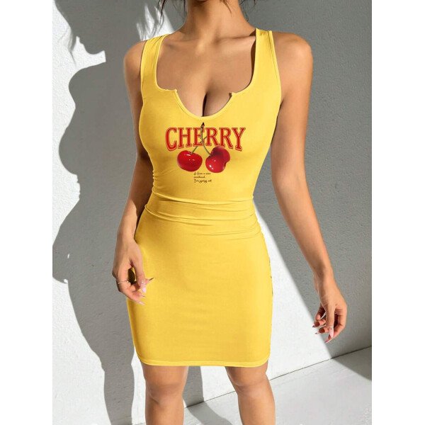 Vestido mini ajustado sin mangas con cuello en V y estampado de cerezas para mujeres, estilo casual y minimalista, verano - Imagen 41