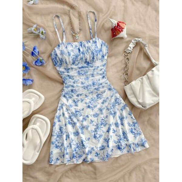 Soleia Vestido de verano de vacaciones de mujer con cuello halter de malla floral en azul y blanco