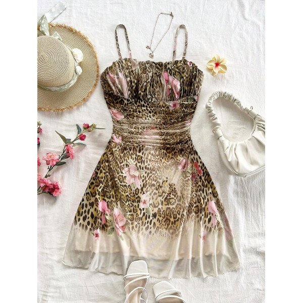 Soleia Vestido de verano de vacaciones de mujer con cuello halter de malla floral en azul y blanco - Imagen 2
